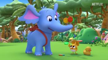 Dr. Seuss's Horton! TV show screenshot 1: In the Nool jungle, Horton holds colorful lollipops as Samson shows him how to use them as helicopters.