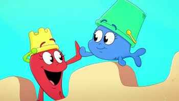 Dr. Seuss's Red Fish, Blue Fish TV: Red Fish and Blue Fish wear sand castle buckets as hats and high five each other on top of a large sand castle.