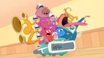 Dr. Seuss's Red Fish, Blue Fish TV: Red Fish and Blue Fish are wild-eyed, protecting the sleeping baby from the noise the band is making around them.