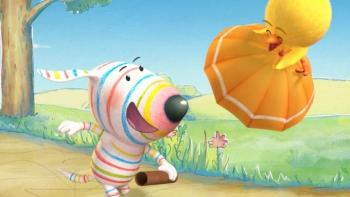 Dylan's Playtime Adventure TV Show: Dylan chases after Bitsy, a small chick, who is flying away on top of an umbrella