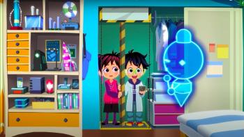 Leo and his sister take the elevator to the secret laboratory