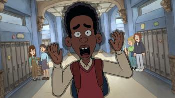  Chris walks down the school hallway surrounded in a cloud of smoke while yelling. He wears a white shirt and a red vest.