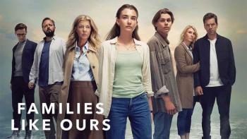 Families Like Ours printed in the lower left corner of the screen in front of seven people, five Danish adults and two teens, looking pensive