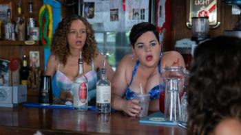 Florida Girls Television: Scene 1 Shelby and Kaitlin look aghast as they sit together in bathing suits at a bar. 