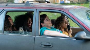 Florida Girls Television: Scene 3 Jayla, Erica, Kaitlin, and Shelby laugh together in a car as Shelby blows into a steering wheel breathalyzer.