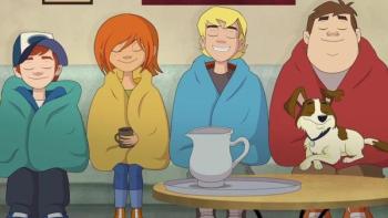 Four And A Half Friends TV Show: Getting warm and drinking hot chocolate. 