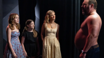 Free Bert TV show screenshot 3: Georgia, Ila, and LeAnn stand with shirtless Bert backstage. 