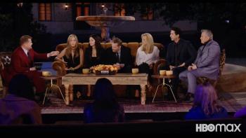 Friends: The Reunion: Host James Cordon asking the Friends questions in front of the Friends fountain
