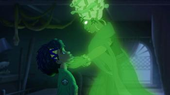 Fright Krewe TV show screenshot 2: A glowing green spectral-looking woman floats in the air, looking down on a human girl as she holds her face in her hands. The room is dark, and there's a dessicate snake draped across the ceiling beams.