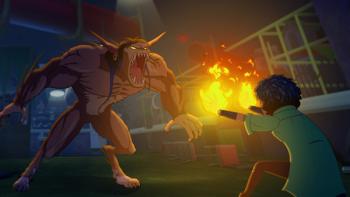 Fright Krewe TV show screenshot 4: A werewolf-esque beast stands on its hind legs, roaring, as a girl in the foreground raises her hands to it. Her hands are emitting fire.