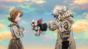 Gachiakuta TV show TV show screenshot 1: Rudo gives Chiwa a stuffed animal puppy as a gift with an iridescent sky behind them