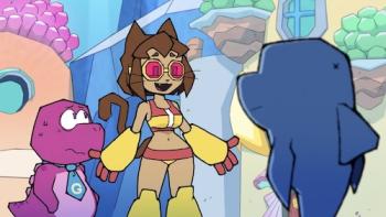Gameoverse TV show screenshot: Gobbles and Kit stand talking with another character whose back is to the viewer.