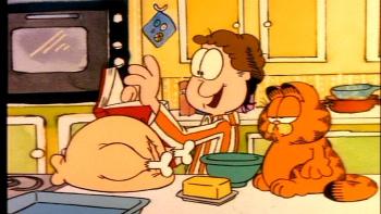 Garfield's Thanksgiving TV: In the kitchen, Jon excitedly reads the from his recipe book while Garfield stares blankly at the Thanksgiving turkey.