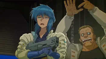 The Ghost in the Shell TV show screenshot 3: A blue-haired woman points a handgun during an action scene. 