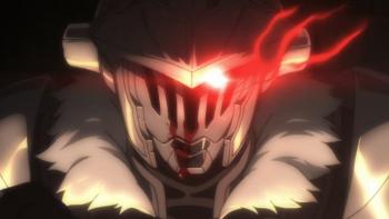 Goblin Slayer TV Show Screenshot 1: A fully armored figure has an intense presence, a red eye glows ominously inside the armored helmet, blood can be seen on the helm.