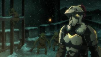 Goblin Slayer TV Show Screenshot 2: A warrior in full armor stands on the wall of a castle during winter, they are turning to look at a group of goblins approaching. 