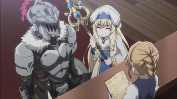 Goblin Slayer TV Show Screenshot 3: A warrior wearing full armor and a priestess talk to a woman behind the counter at an inn.