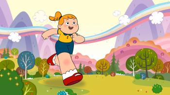 Goldie TV show screenshot 1: Goldie, a giant girl, runs through a field past a rainbow