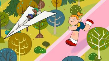 Goldie TV show screenshot 2: Goldie, a giant girl, chases her friends Teeny and Petey as they ride on a giant-sized paper airplane