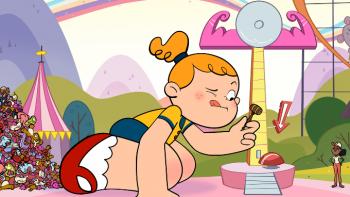 Goldie TV show screenshot 4: Goldie, a giant girl, plays a carnival game which is way too small for her