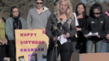 Gone Girls: The Long Island Serial Killer TV show screenshot 2: Mari Gilbert heads outdoor press event on missing Shannan Gilbert's birthday