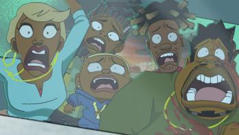 Good Times TV show screenshot 2: Five members of the Evans family are shown in closeup, with eyes and mouths wide