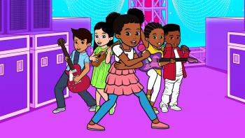 Gracie's Corner TV: Gracie leads a group of musicians backstage, holding a microphone, while her friends play various instruments behind her.
