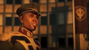 Gundam: Requiem for Vengeance TV Show: An African American man wearing army captain clothes stands in front of a large building in the evening light.