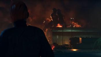 Gundam: Requiem for Vengeance TV Show: A woman facing away from the camera, looking at a large gundam robot in the middle of a battle.