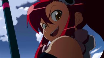 Gurren Lagann TV Show: A girl with a joyful expression, wears a skull hairclip, set against a blue sky with clouds.