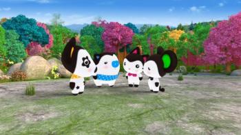 The Forest Friends gather together to talk in a semi-circle in front of the colorful trees.