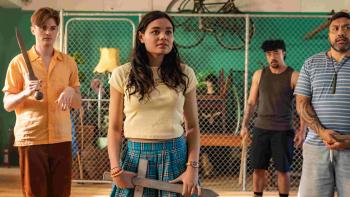 Happiness TV show screenshot 3: Joel Granger, Melody Lui-Webster, Henry Auva'a, Maaka Pohatu. They stand in formation, holding wooden swords.