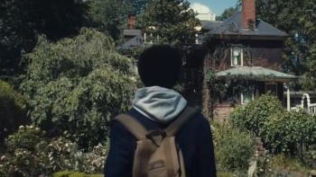 Harlan Coben's Shelter TV show screenshot 1: a teenager wearing a backpack stares at a big house with an overgrown yard