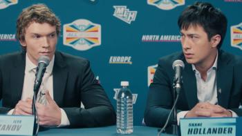 Heated Rivalry TV show screenshot: Shane and Ilya face the media