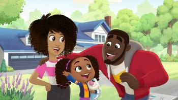 Hey A.J.! TV show screenshot 1: Mom and Dad embrace as they talk to an excited AJ outside, in front of the house.