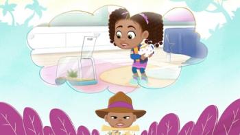 Hey A.J.! TV show screenshot 2: AJ wears an explorer's hat while reading a map and thinking of a memory: cloud above her head