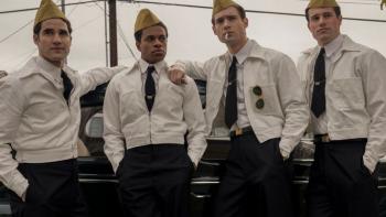 Hollywood TV Show: Raymond Ainsley (Darren Criss), Archie Coleman (Jeremy Pope), Jack Castello (David Corenswet) and Rock Hudson (Jake Picking).