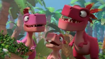 Bad Dinosaurs TV show screenshot 1: Three pink Tyrannosaurus smiling at each other.