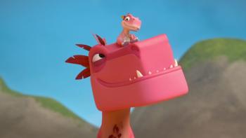 Bad Dinosaurs TV show screenshot 2: Mom pink Tyrannosaurus smiling at young T-rex sitting on her nose.