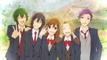 Horimiya: The Missing Pieces: Nostalgic photo of friends in their high school uniforms. Left to Right: Shu, Izumi, Kyoko, Yuki, and Toru.