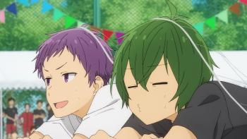 Horimiya: The Missing Pieces: Close-up of Toru and Shu's faces as they lie on the ground after crossing a finish line. They look annoyed. 