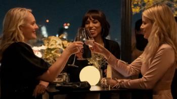 Imperfect Women TV show screenshot 1: Mary, Eleanor, and Nancy are at a restaurant, wearing evening clothes and clinking glasses in celebration