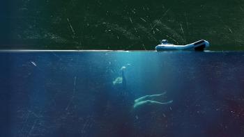 In Cold Water: The Shelter Bay Mystery: A woman is falling to the bottom of deep water from a boat.