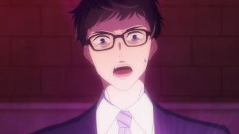 Isekai Office Worker TV show screenshot 1: Close-up of Seiichirou's shocked and scared face lit by a magical purple glow.
