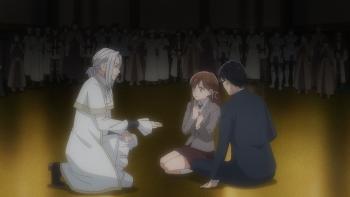 Isekai Office Worker TV show screenshot 2: Someone in white robes extends a hand to Seiichirou and Yua, in modern clothes. A shadowy crowd watches.