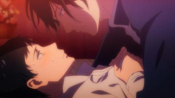 Isekai Office Worker TV show screenshot 3: Seiichirou lies on the ground and unbuttons his shirt. Aresh is on top of him. They seem about to kiss.