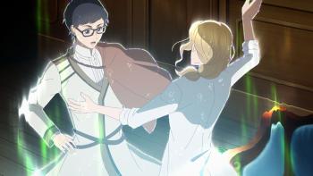 Isekai Office Worker TV show screenshot 4: Seiichirou is happily surprised as Quellbus casts a spell to heal him. They're surrounded by green light.