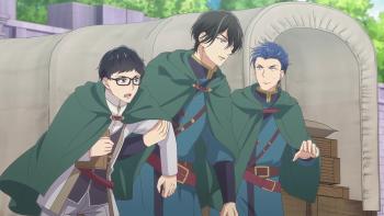 Isekai Office Worker TV show screenshot 5: Aresh pulls Seiichirou along by the elbow while talking to a colleague. They prepare to leave by caravan.