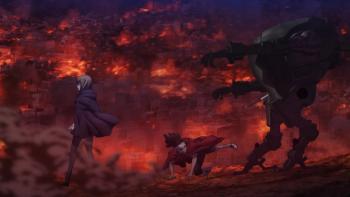 Ishura: Yuna stands in shock as Sojiro kicks a robot behind her