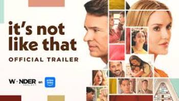 Its Not Like That printed of the left, with an Amazon Prime logo with a Caucasian man and woman facing opposite directions with boxes in between them 